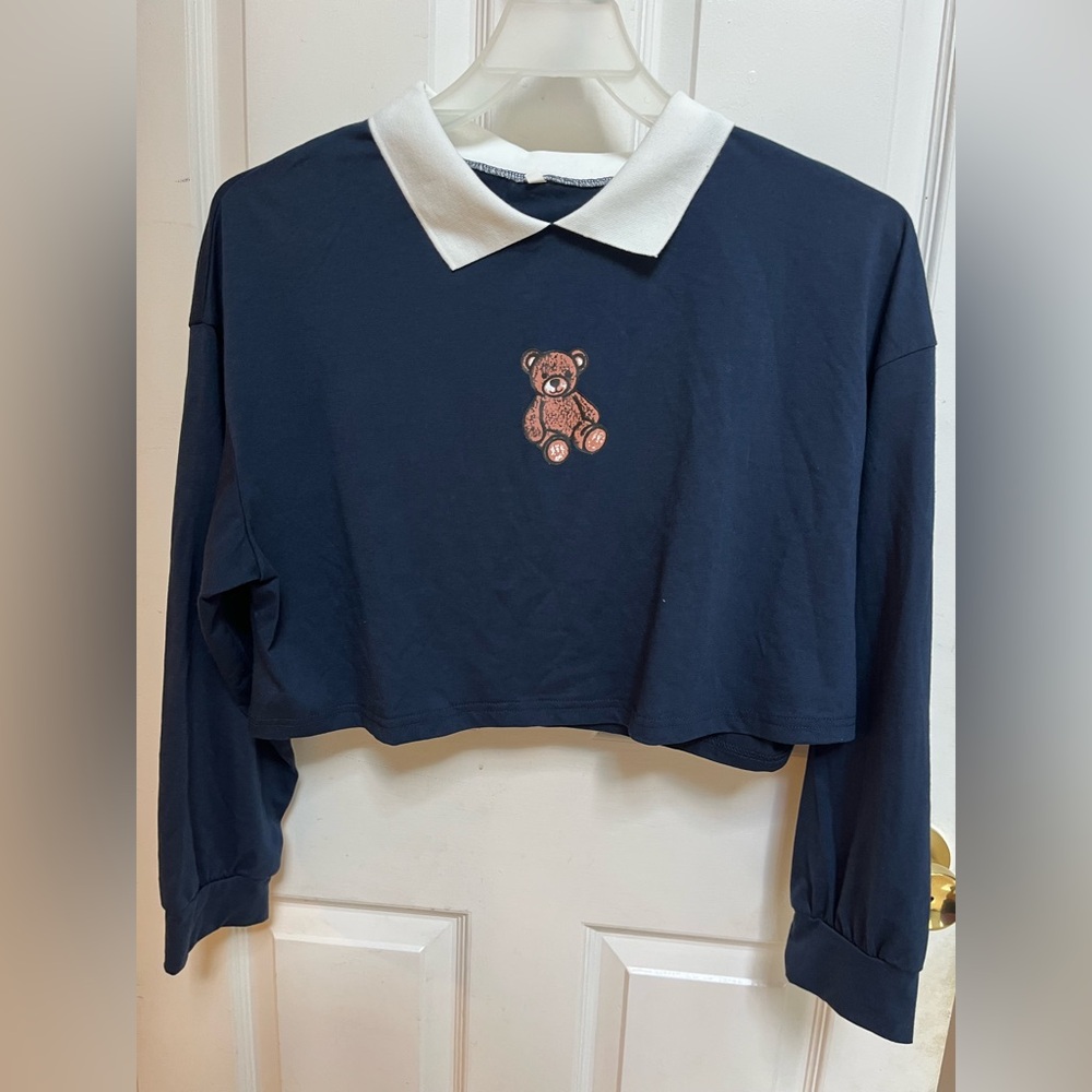 Navy Cropped Long Sleeve with Bear design
